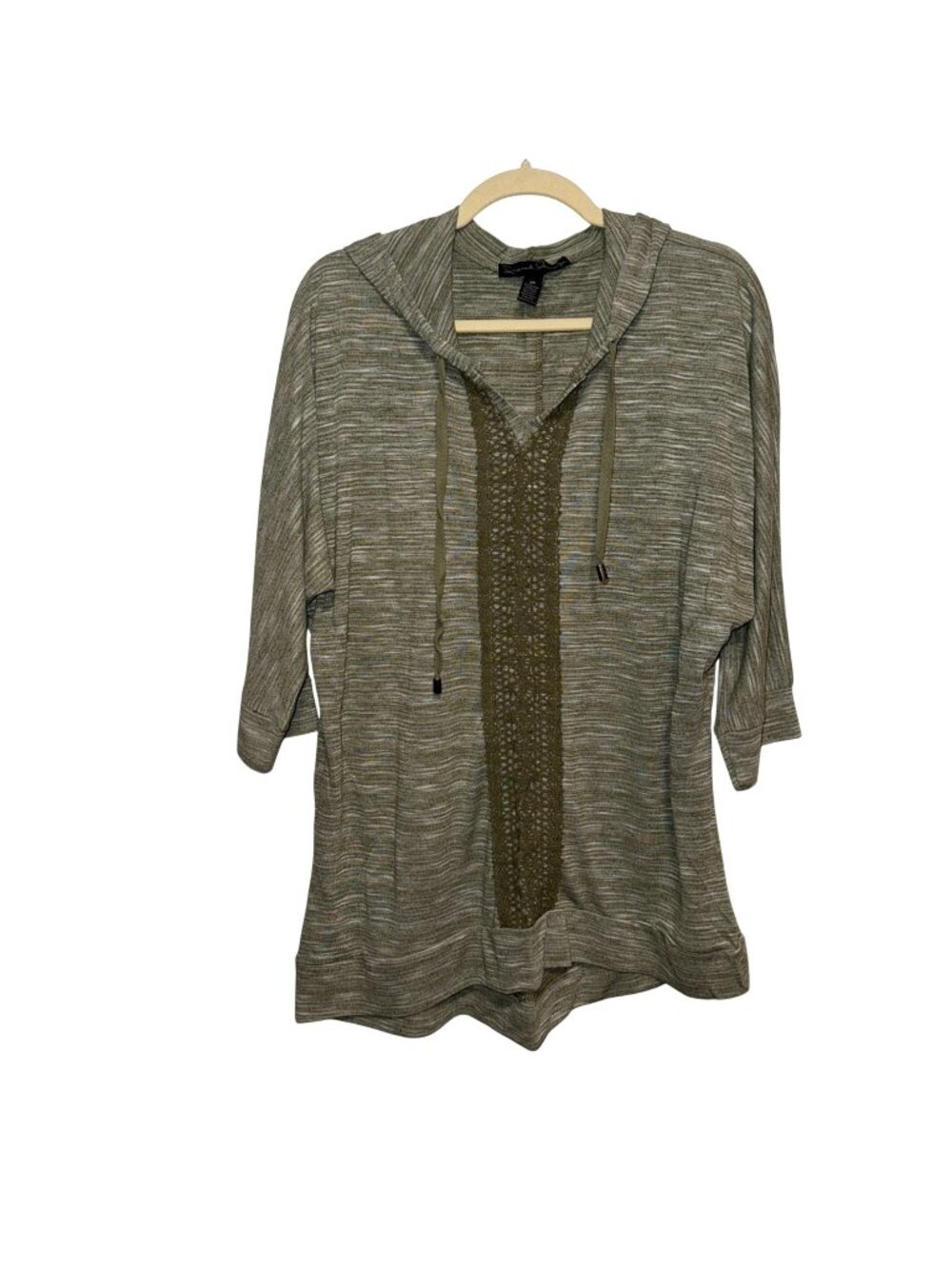 French Laundry Green Striped Hooded Knit Top With Crocheted Details 2X Soft Cozy